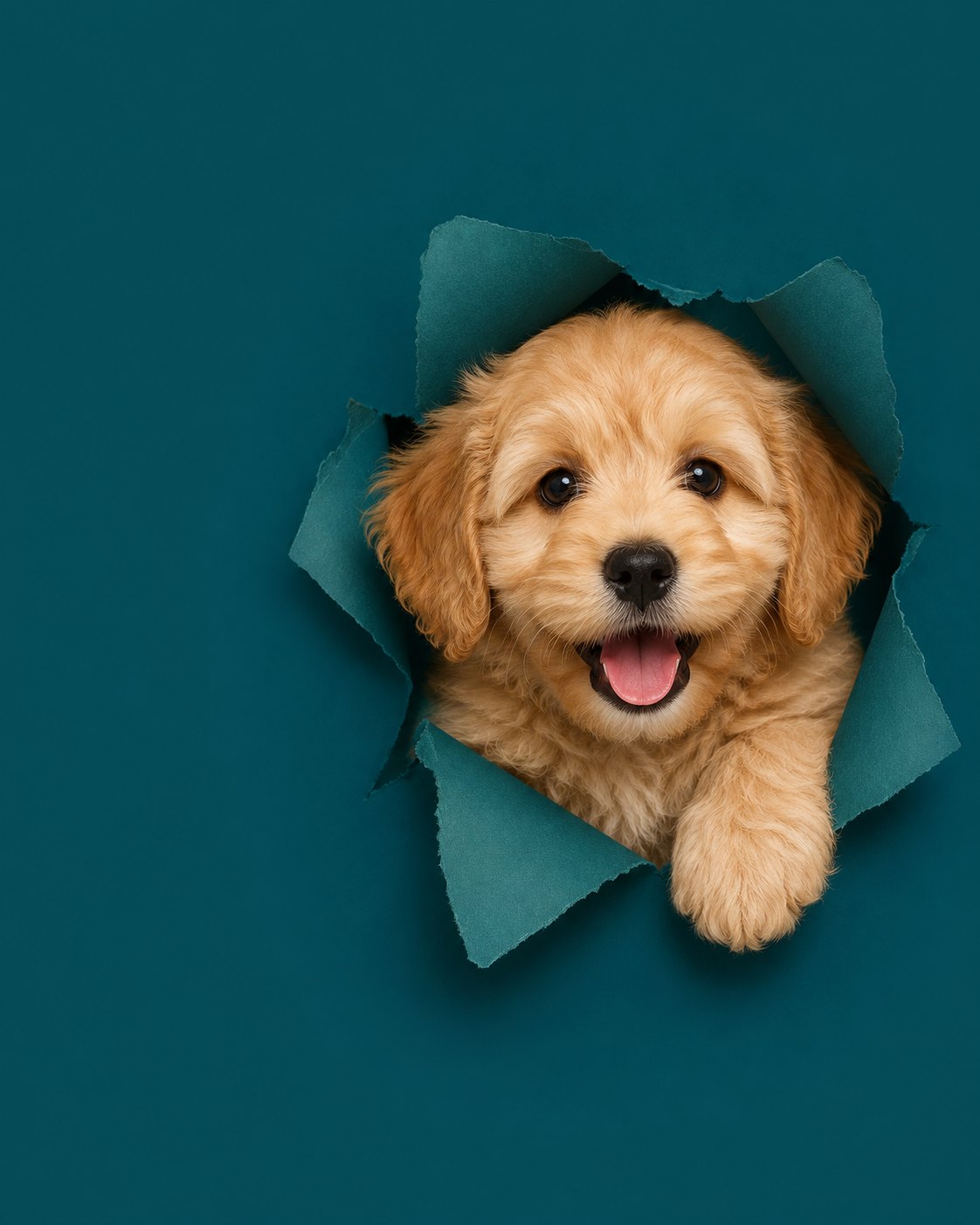 A happy golden puppy bursting through torn teal paper