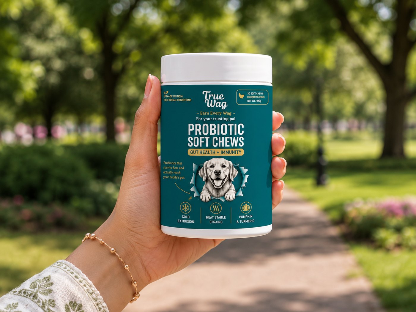 A hand holding a TrueWag Probiotic Soft Chews tub outdoors
